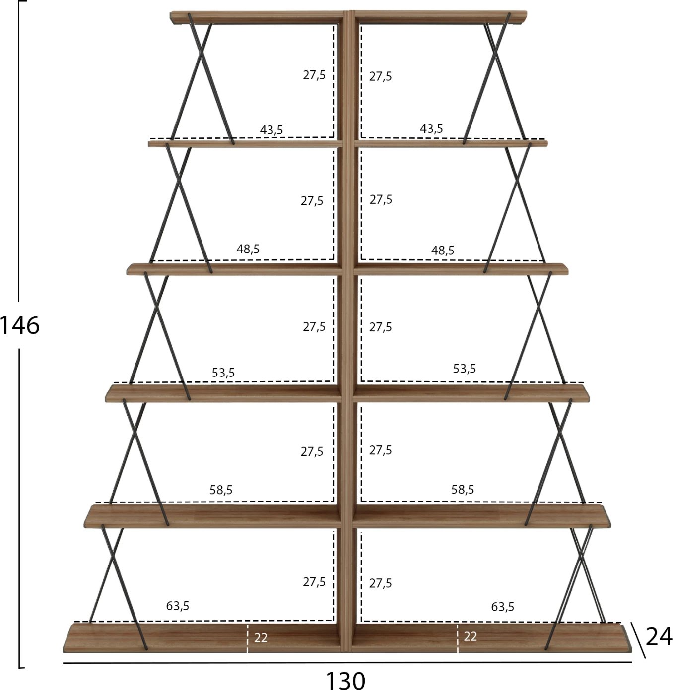 Raft librash 2 copë set MINI TARS FH11772.14 melaminë ngjyrë lisi-shufra metali të zeza 65x24x146Hcm.(x2)