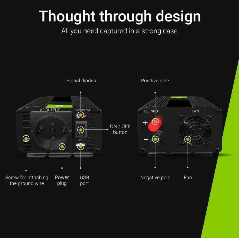 Invertor energjie Green Cell INV08, 12V në 230V, 1000W/2000W, i zi