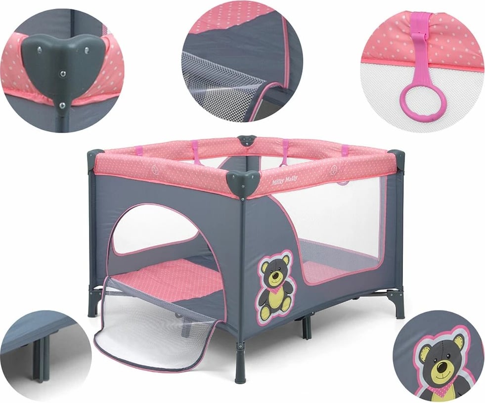 Park loje palosës për bebe, Milly Mally, Fun, 100x100 cm, me dyshek dhe çantë transporti, rozë