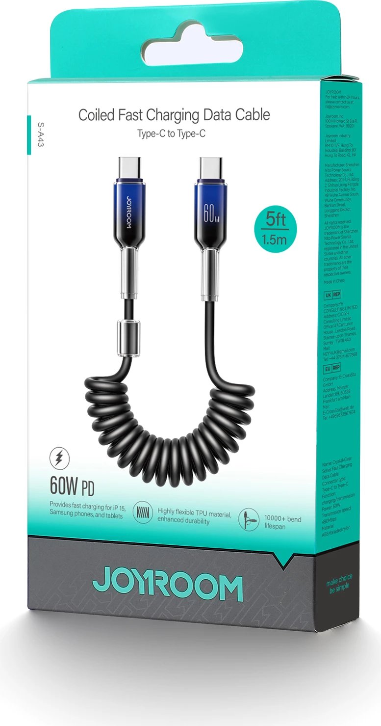 Kabllo spiral USB-C në USB-C Joyroom S-A43 Crystal-Clear Series, 1.5m, 60W, e zezë