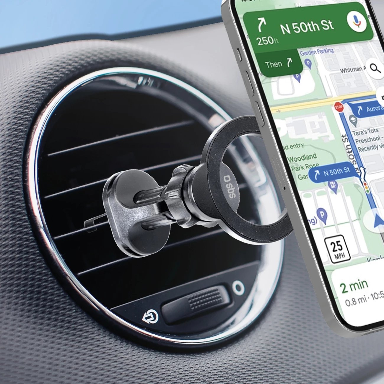 Mbajtës magnetik për celular SBS TESUPMAGRING, për grilë ventilimi, MagSafe, i zi