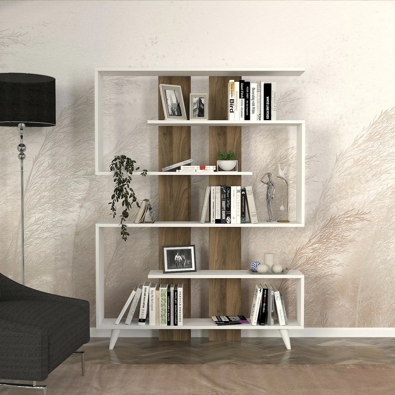 Raft librash Hanah Home, ngjyrë e bardhë dhe arre, Rain