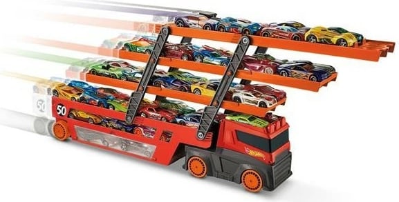 Kamion lodër Hot Wheels Mega Transporter Truck 50th Anniversary, plastikë, zi/portokalli/kuq