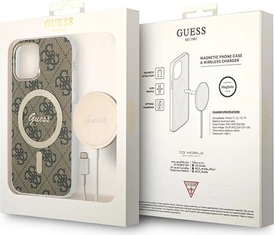 Set mbështjellës Guess GUBPP12MH4EACSW me karikues wireless për iPhone 12/12 Pro, 4G Print, kafe