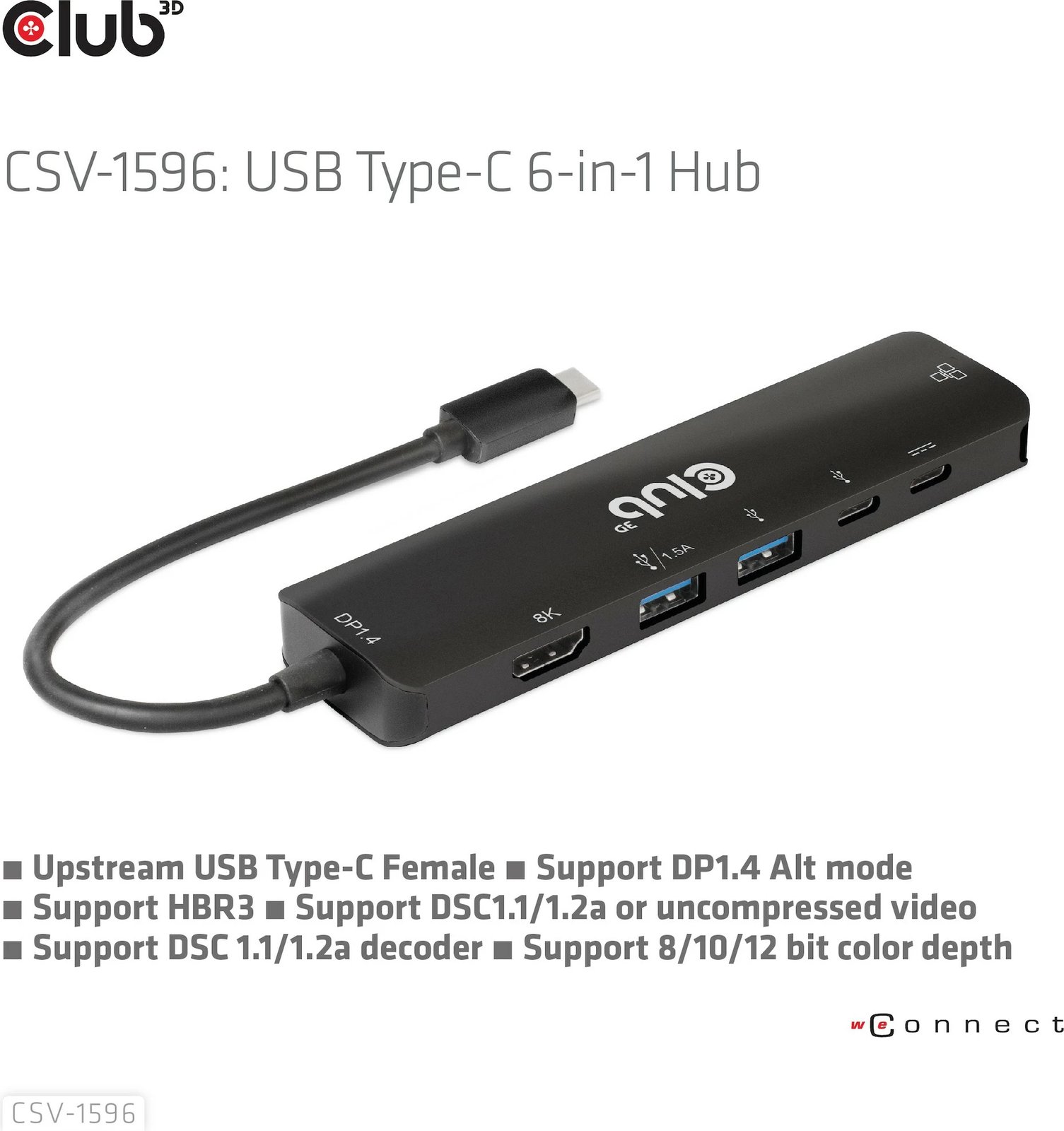 USB-C HUB Club3D CSV-1596, 6në1, HDMI, 2xUSB, 2xUSB-C, LAN, 4K120Hz, PD100W, zi