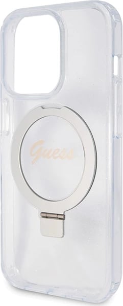 Mbështjellës Guess Ring Stand Script Glitter MagSafe për iPhone 15 Pro, Transparent