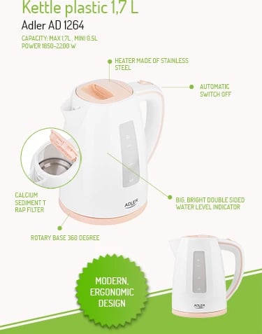 Zierës uji elektrik, Adler, AD 1264, 1.7 L, 2200W, plastikë, bardhë