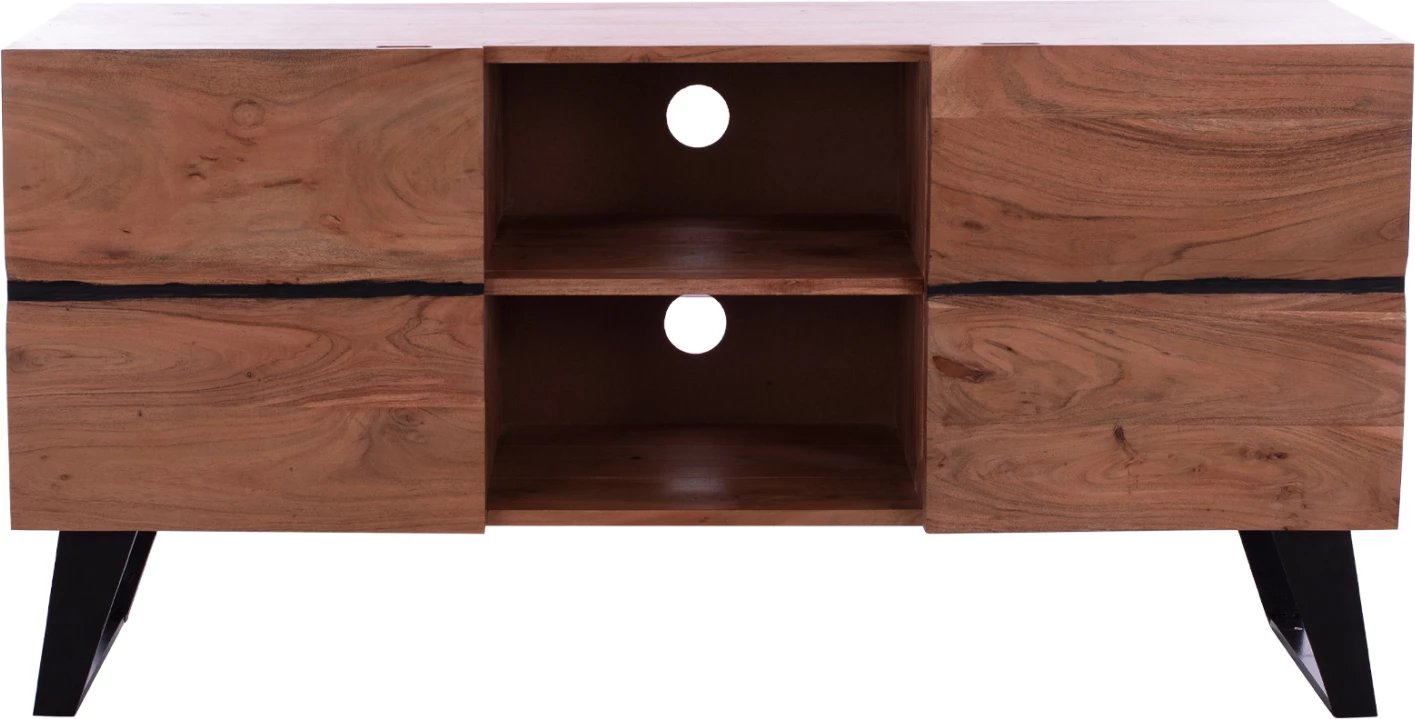Komodë TV Alicia, dru akacie masiv, ngjyrë natyrale, këmbë metalike të zeza, 130x43x66 cm