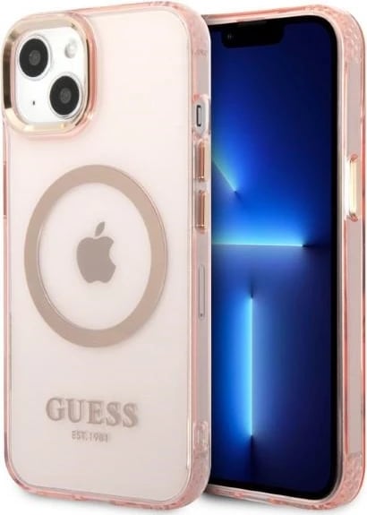 Mbështjellës, Guess, Gold Outline Translucent MagSafe, për iPhone 13 6.1\", TPU/PC, kompatibil me MagSafe, rozë