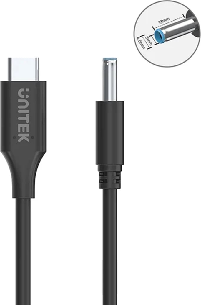 Kablli i energjisë për laptop HP Unitek, 65W USB-C - DC4,5mm, ngjyrë e zezë