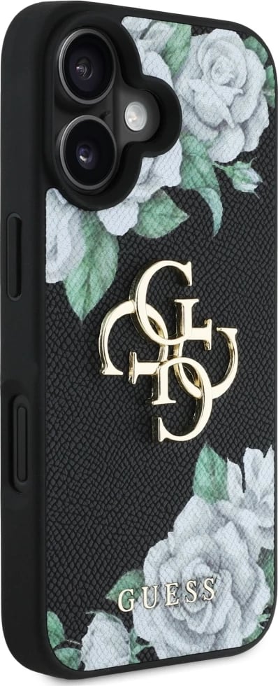 Mbështjellës Guess Grained Roses Big 4G logo për iPhone 16, i zi Mbështjellës Guess Grained Roses Big 4G logo për iPhone 16, i zi
