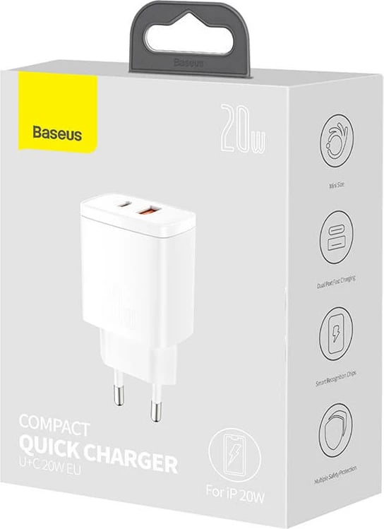 Karikues i shpejtë Baseus Compact, 20W, 2 porta USB-A/USB-C, i bardhë