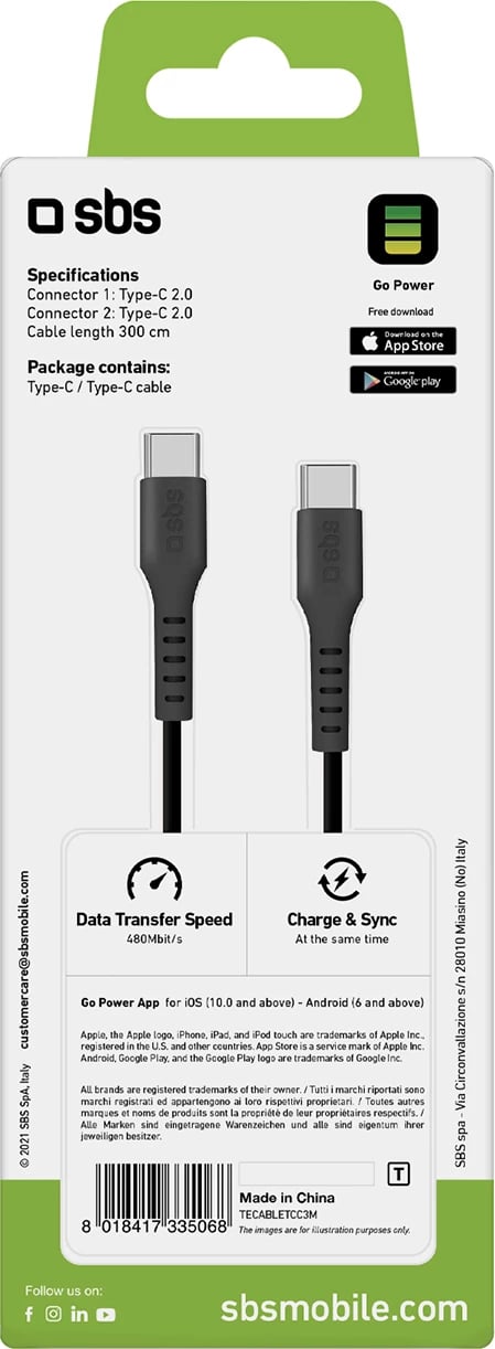 Kabllo USB-C në USB-C SBS TECABLETCC3M, 3m, e zezë Kabllo USB-C në USB-C SBS TECABLETCC3M, 3m, e zezë