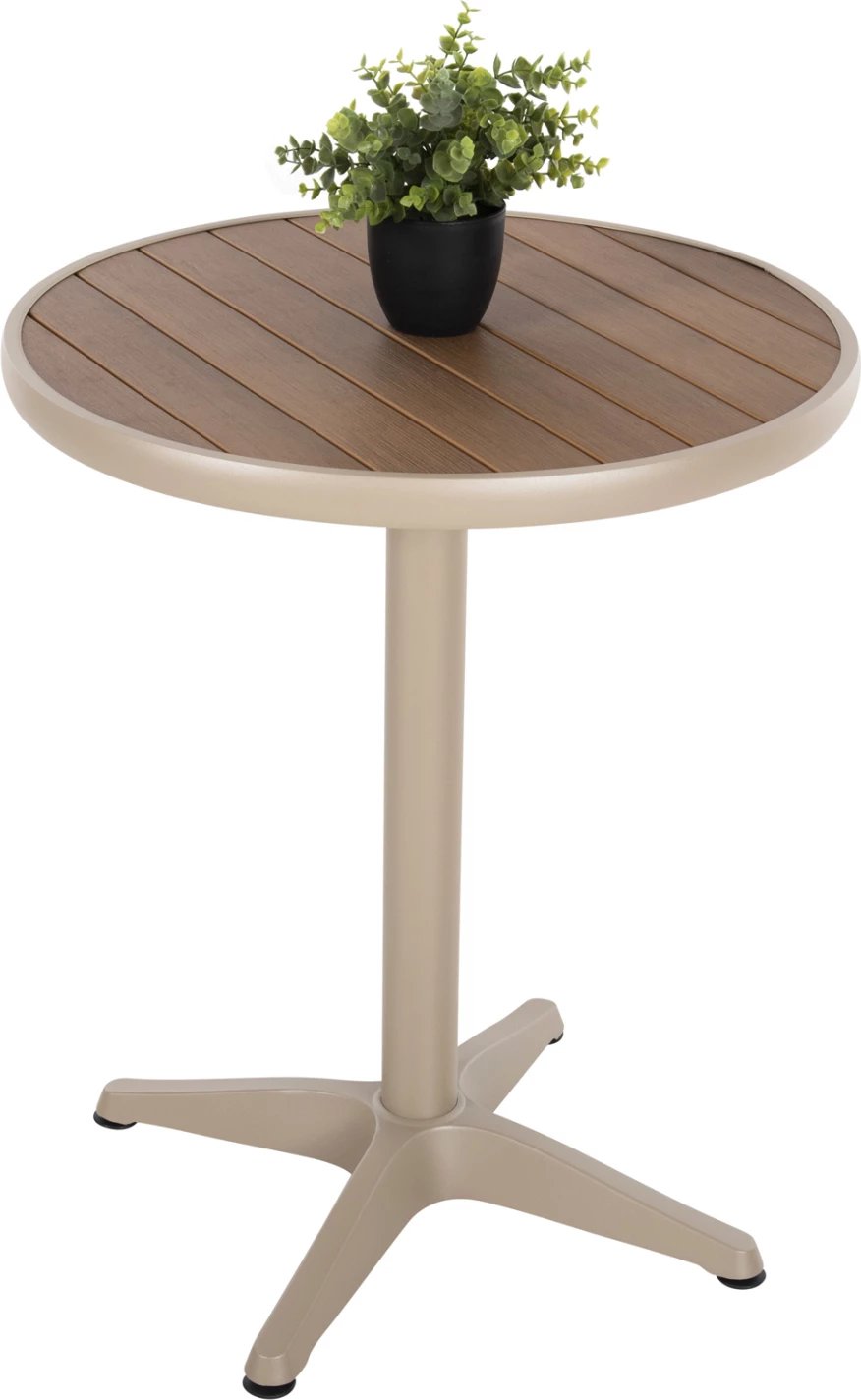 Tavolinë e rrumbullakët alumini ALEXA FH6086.04, ngjyrë shampanjë, sipërfaqe tavoline polivudi, ngjyrë natyrale, Φ60x73H cm