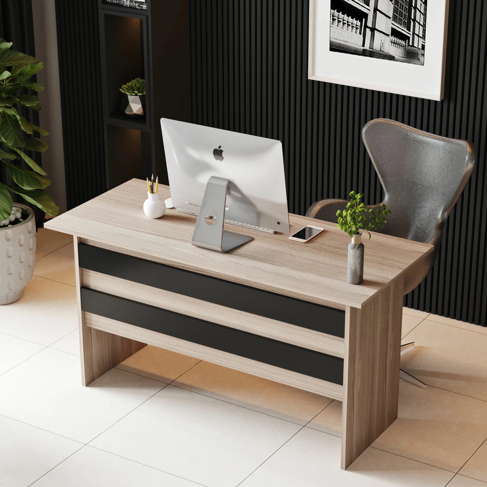 Set mobiljesh për zyre, ngjyrë lisi dhe e zezë, Skye Decor, Vo8-Ob