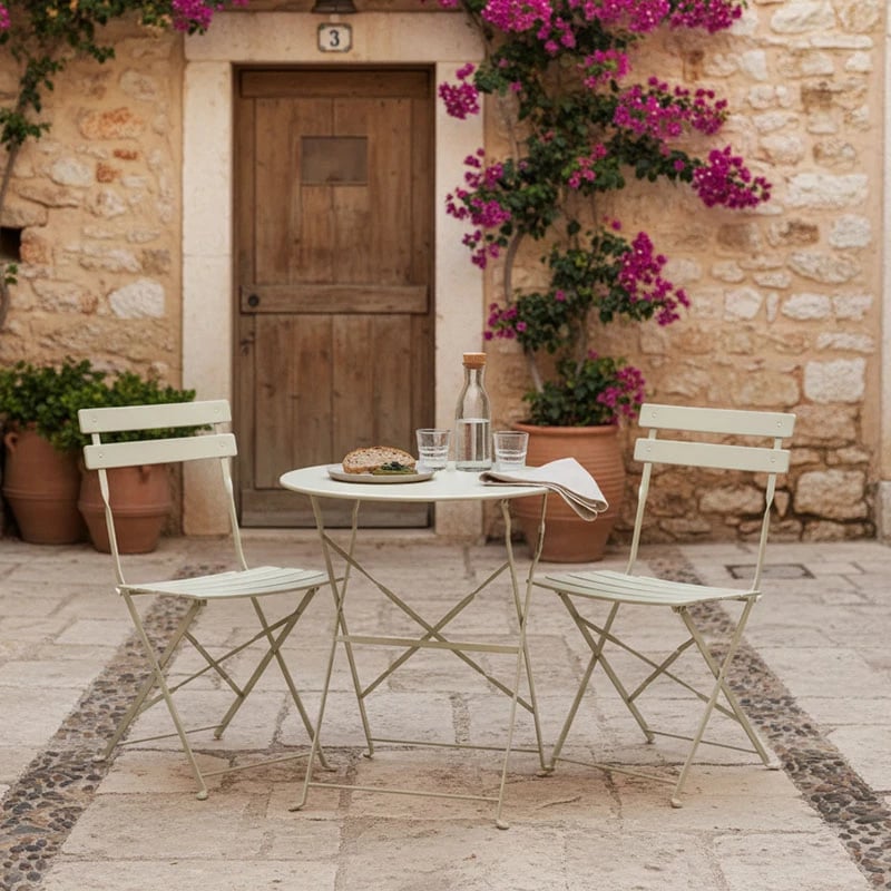 Tavolinë me karrige për terasë, set 3 copë, metalike, palosëse, ngjyrë bezhë, Φ60x71cm