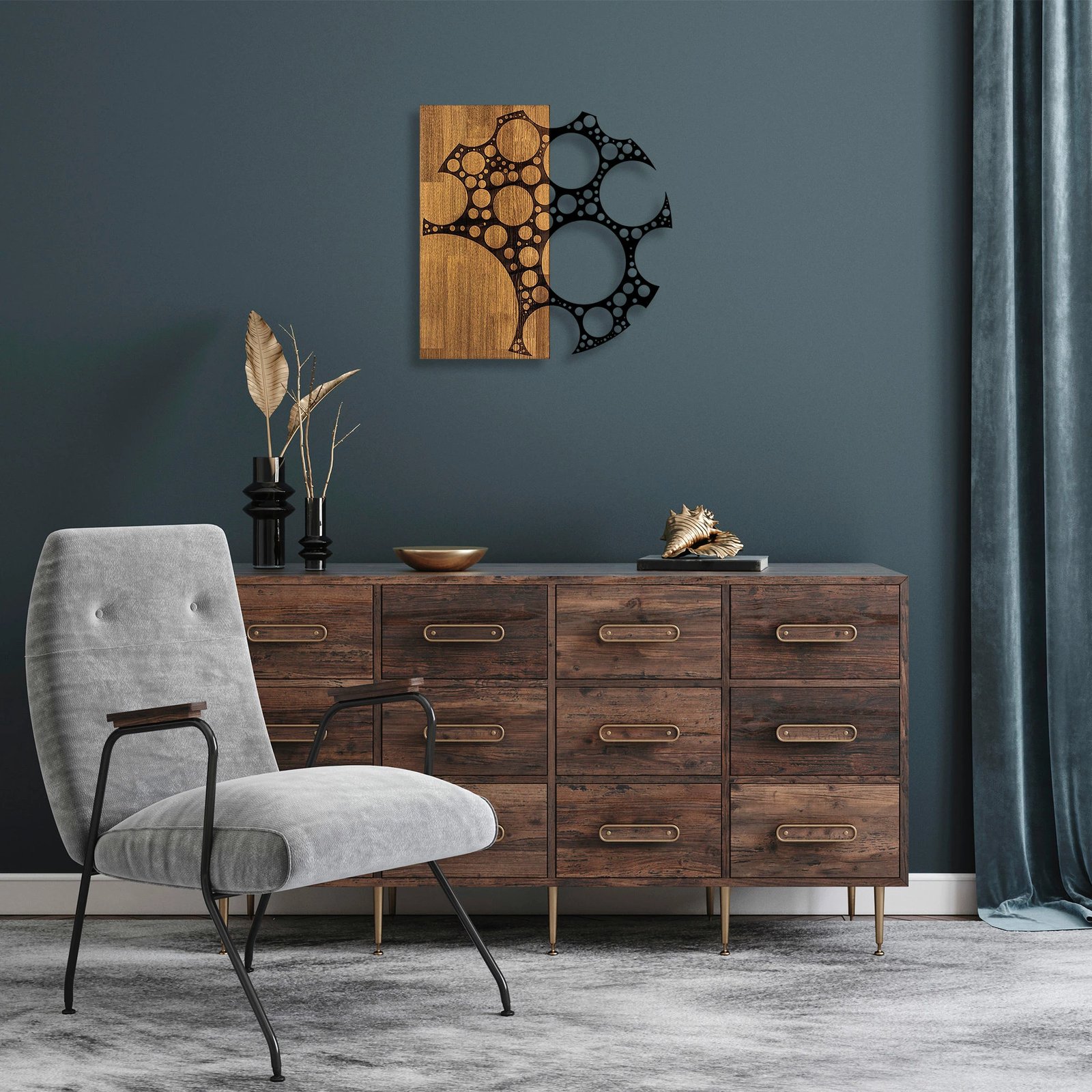 Aksesor dekorativ muri prej druri, Wallity, MA-284, ngjyrë arre dhe e zezë, 58x58cm