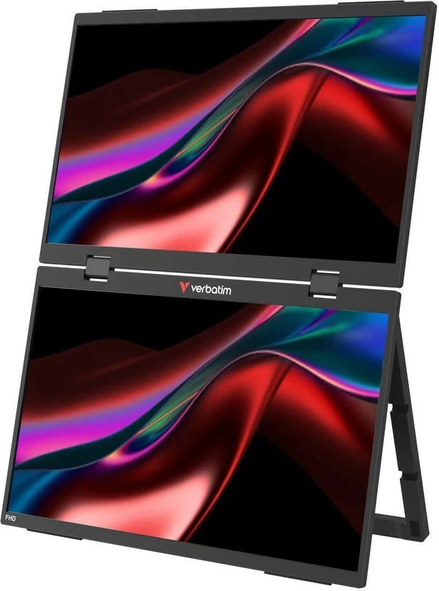 Monitor portabël me prekje dual, Verbatim, GMVE32403PLG, 2x 15.6" Full HD 60Hz IPS, altoparlantë të integruar, VESA 75, i zi