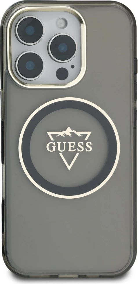 Mbështjellës Guess IML Metal Mountain Logo MagSafe për iPhone 16 Pro, i zi