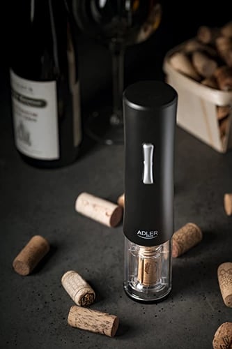 Hapës vere elektrik, Adler AD 4490, me dritë LED, prerëse folie në set, për tapa 20-24 mm, 4xAA (pa bateri), i zi