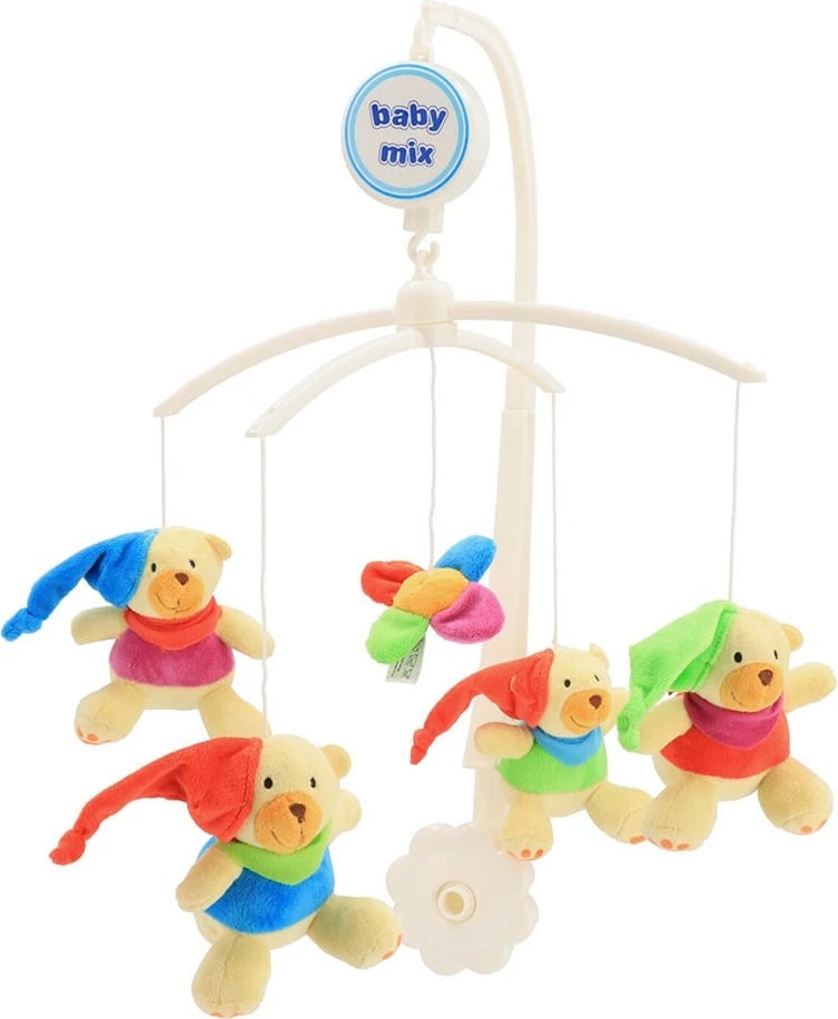 Karusel për krevat, Baby Mix, Bears with caps, muzikor me figura pelushi 12 cm, shumëngjyrësh