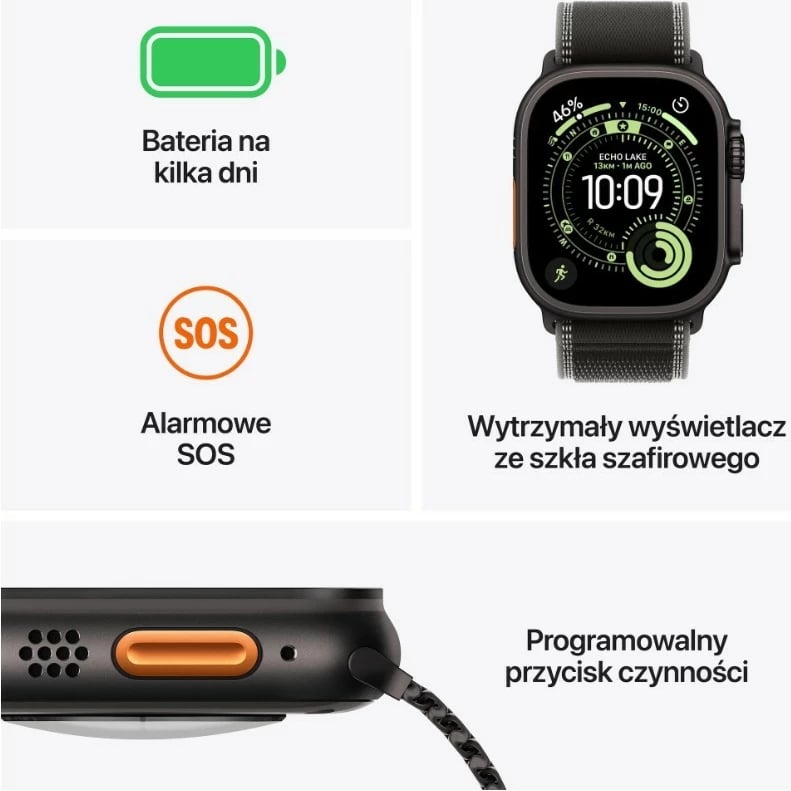 Smartwatch Apple Watch Ultra 3 MF1D4QP/A GPS + Cellular 49 mm, kasë titanium, 64 GB, ekran OLED LTPO Retina, rrip Trail S/M, e zezë/charcoal