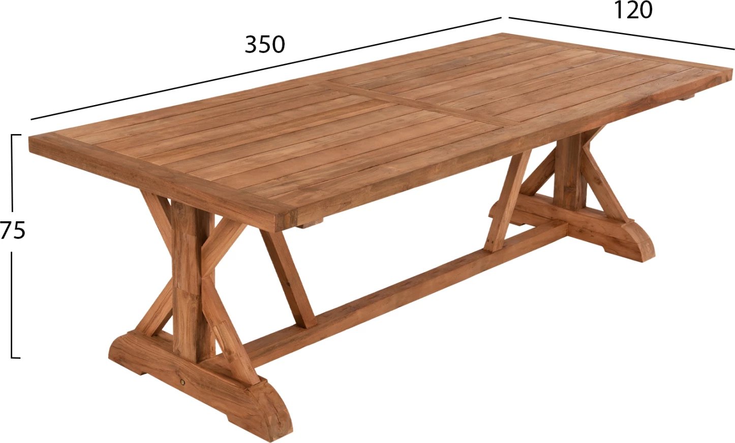 Tavolinë ngrënieje me këmbë kryq, dru TEAK, ngjyrë natyrale, FH9563, 350x120x75H cm