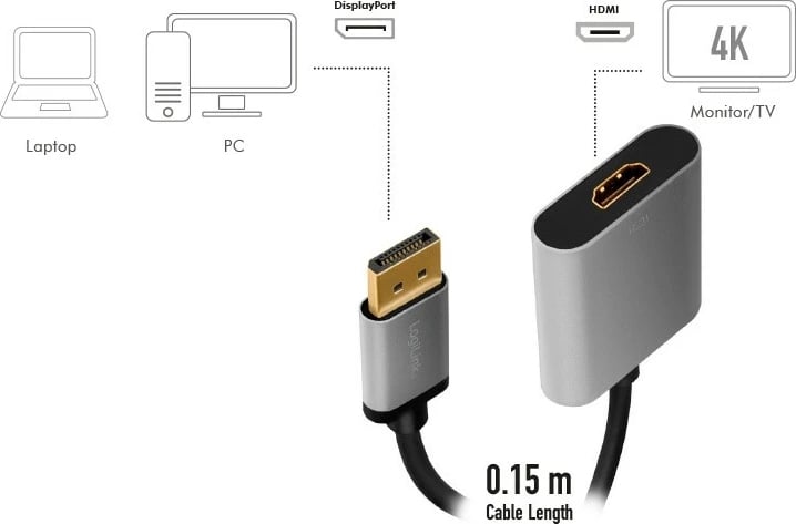 Adapter DisplayPort në HDMI LogiLink CDA0108, 4K 60Hz, 0.15m, zi/gri