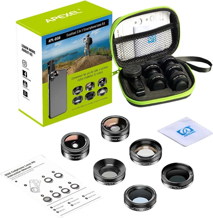 Set lente për celular APEXEL APL-DG6V2 6-në-1, e zezë