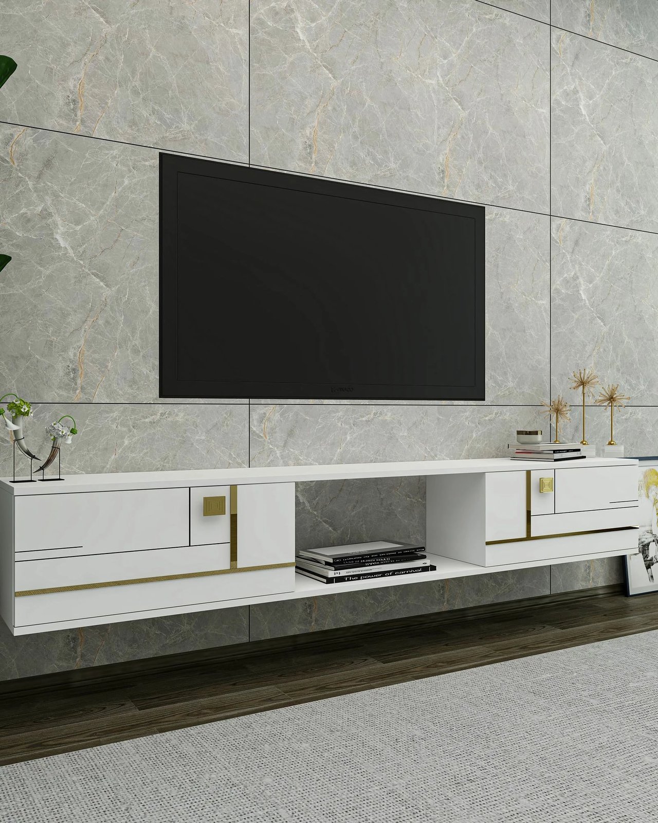 Komodë TV Skye Decor, e bardhë, e artë