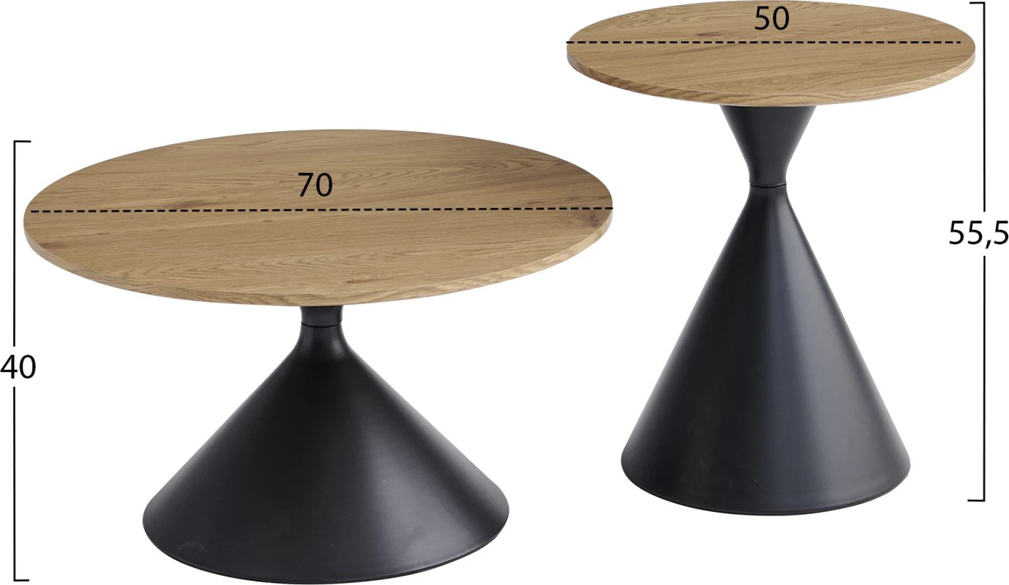 Set 2 tavolina kafeje Jennel, metal i zi, MDF ngjyrë druri natyral, FH18308.02, 50cm & 70cm