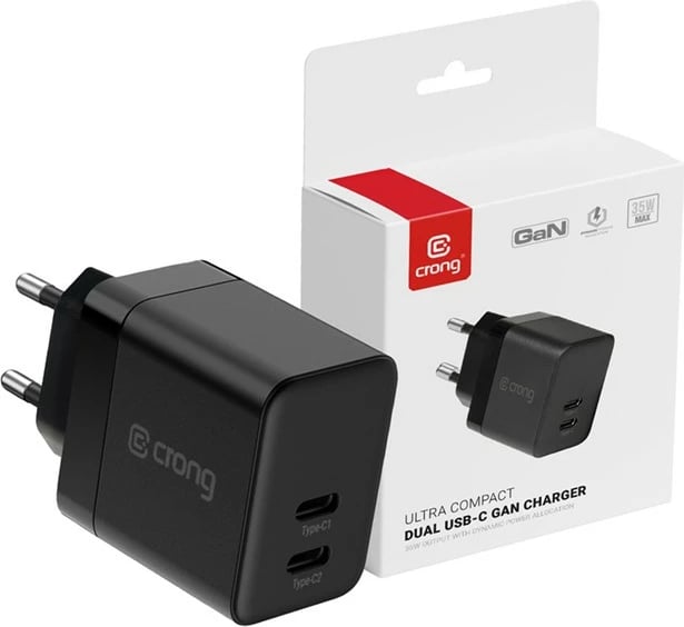 adapter karikues muri GaN, CRONG, CRG-GNCC35-BLK, 35W PD 3.0 me PPS, 2x USB-C, e zezë