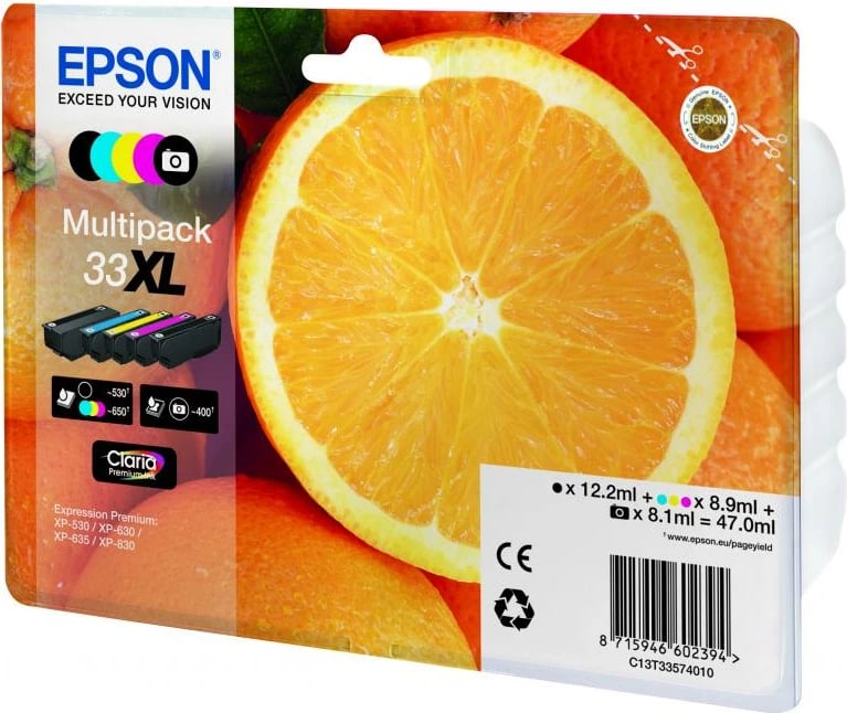 Kasetë boje multipack Epson 33XL (C13T33574011), XL kapacitet, 47 ml total, CMYK, set 4 copë