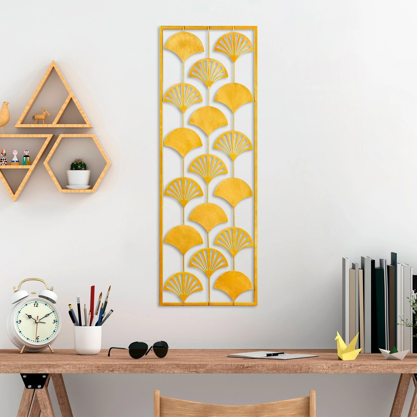 Aksesor dekorativ metalik për mur, Wallity, Fan 2, shumëngjyrësh, 32x90cm