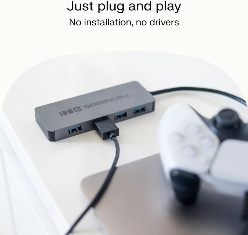 Hub USB-A, Green Cell HUB-GC-A4A, 4x USB 3.0 deri 5 Gb/s, kabëll i integruar 15 cm, kasë alumini, argjend/zi