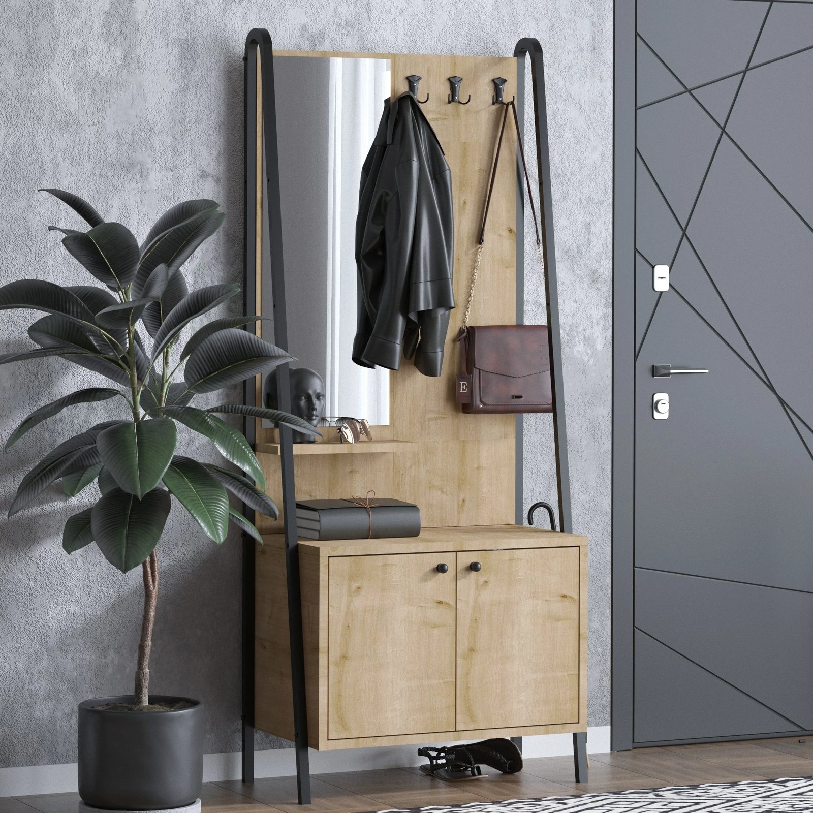 Stendë për korridor, ngjyrë lisi dhe e zezë, Lumi Dec0145