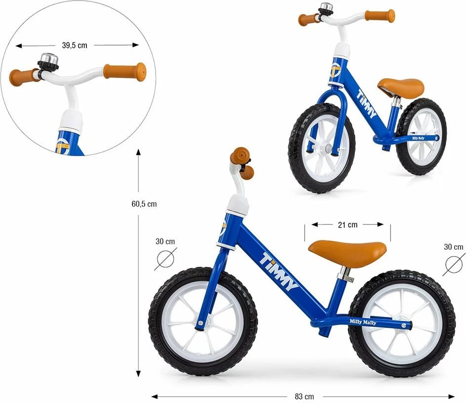 Biçikletë balancuese, Milly Mally, Timmy, rrota 12" EVA, sedile e rregullueshme 32–41 cm, deri 25 kg, 2.8 kg, blu