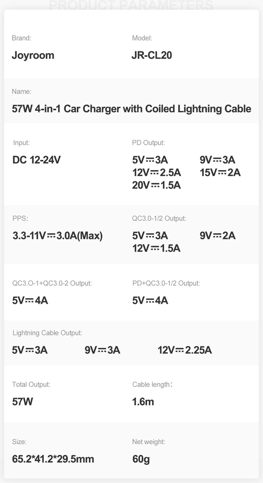 Karikues veture Joyroom JR-CL20, 4 në 1, 57W, me kabllo Lightning 1.6m, i zi