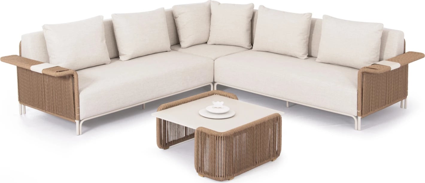 Set lounge për jashtë, 2 pjesë, AURORA CD6319, alumin ngjyrë krem, litar bezhë, gur sintetik