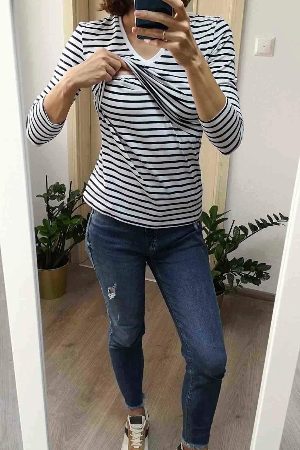 Bluzë materniteti dhe gjidhënie milk & love Milk Shirt, V-qafë, 92% pambuk 8% elastan, mëngë 7/8, madhësi XL, vija bardh e kaltër