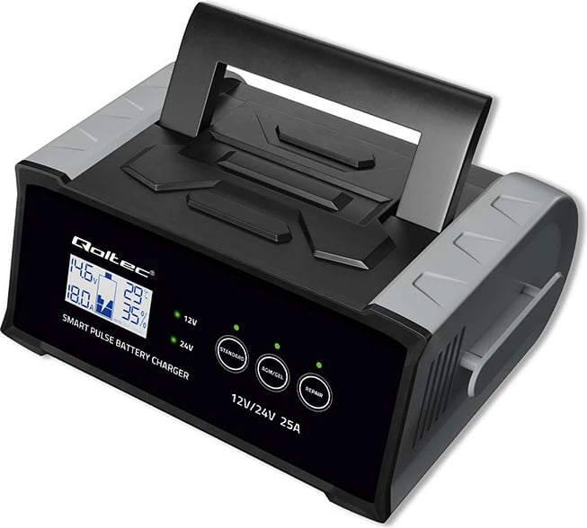 Karikues baterie mikroprocesorik Qoltec 52514 12V/24V 25A me funksion riparimi LCD, e zezë