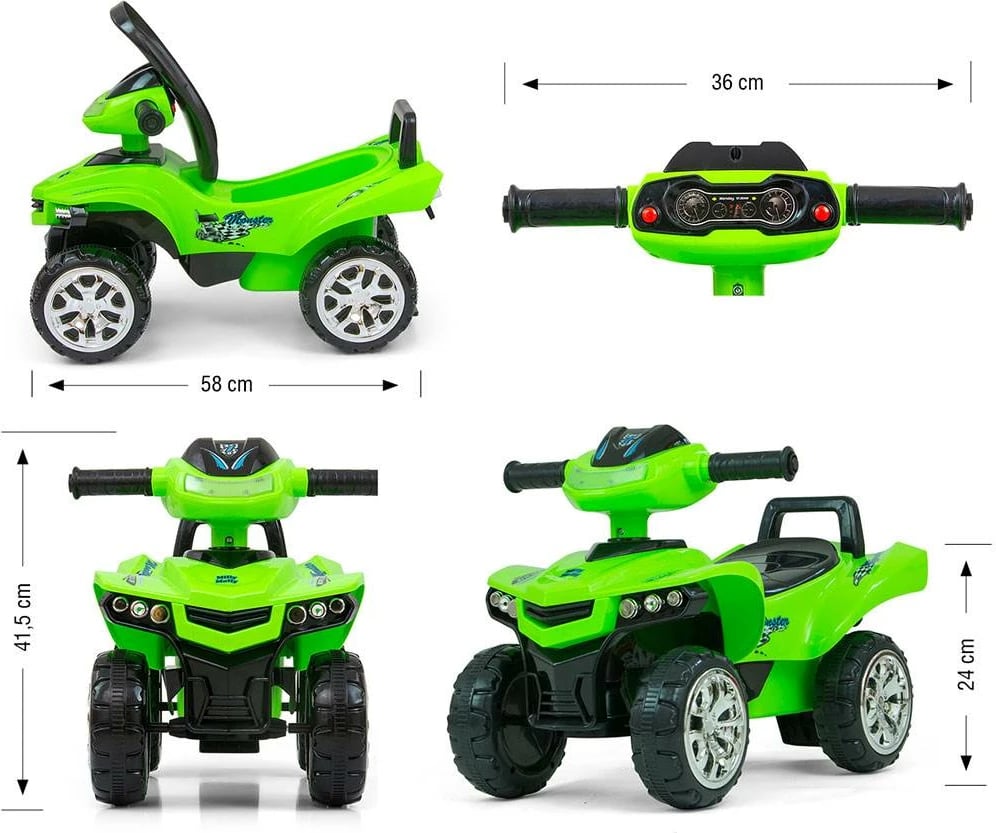 Quad me tinguj për fëmijë, Milly Mally Monster, timon interaktiv, drita, ngarkesa 25 kg, prej 12m+, jeshile