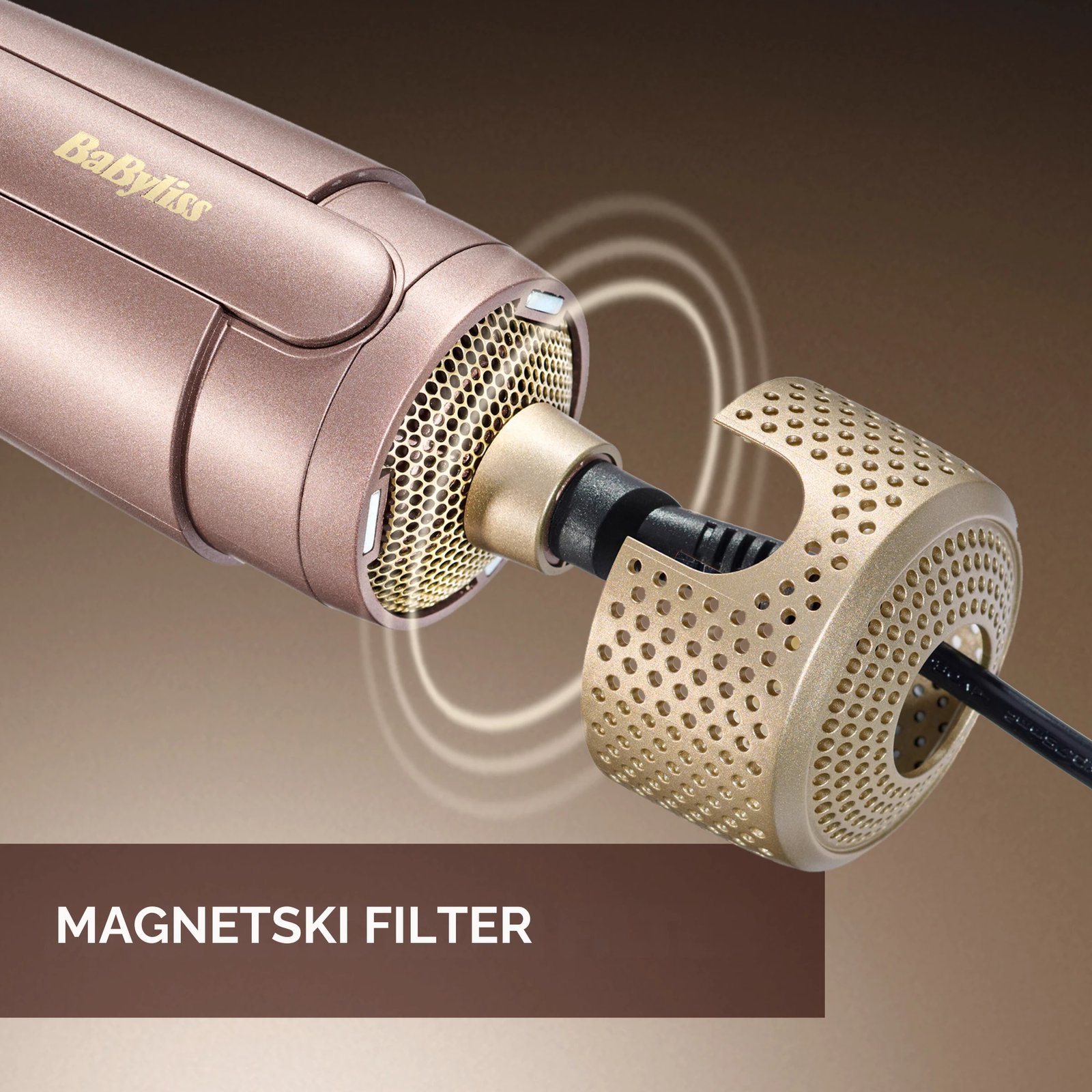 Furçë flokësh me ajër, BaByliss AS95E, 1000W, modalitetet wet/dry, jonizuese anti-frizz, keramike, rozë e artë