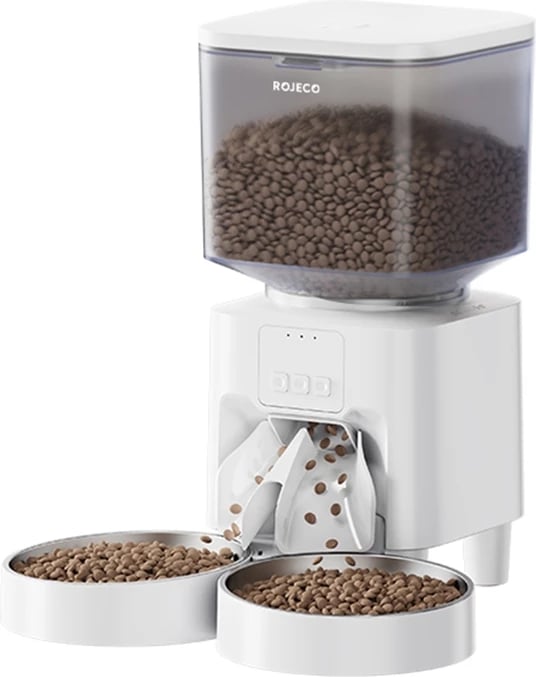 Shpërndarës automatik ushqimi për kafshë Rojeco RWSQMFWFO-SP, 4.5L, WiFi, i bardhë, me 2 tasa