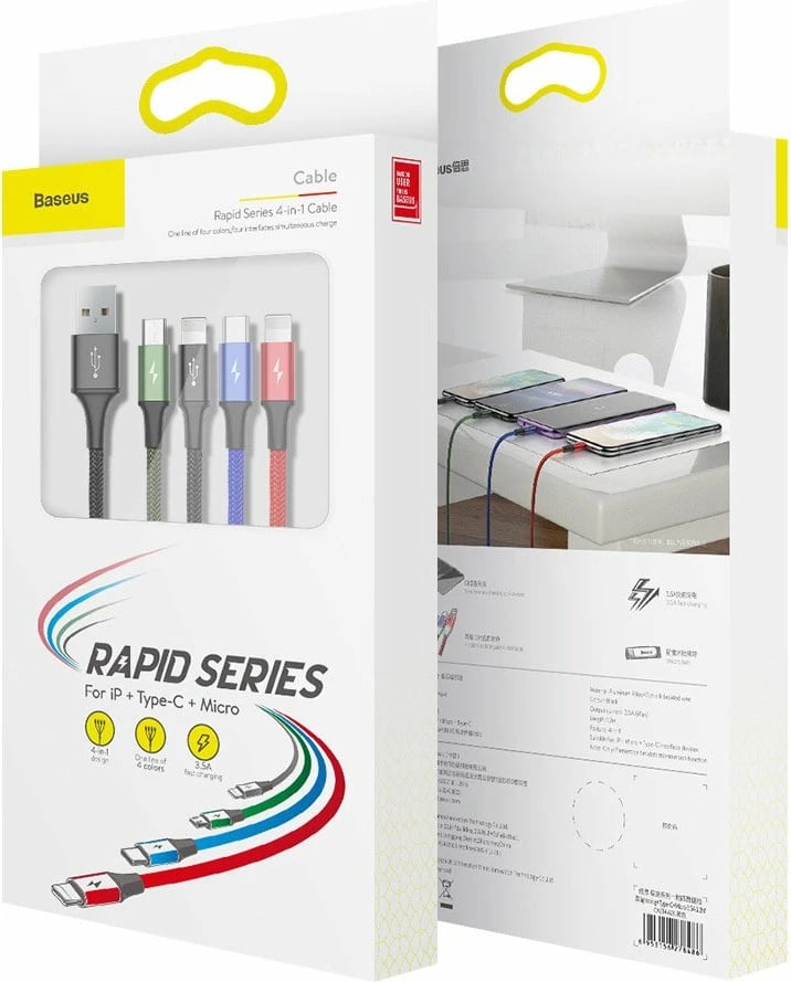 Kabllo 4n1 Baseus CA1T4-A01, USB/Lightning/USB Type C/micro USB, 1.2m, Najlon, E zezë