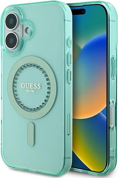 Mbështjellës Guess MagSafe për iPhone 16 Plus, i gjelbër, me rhinestones