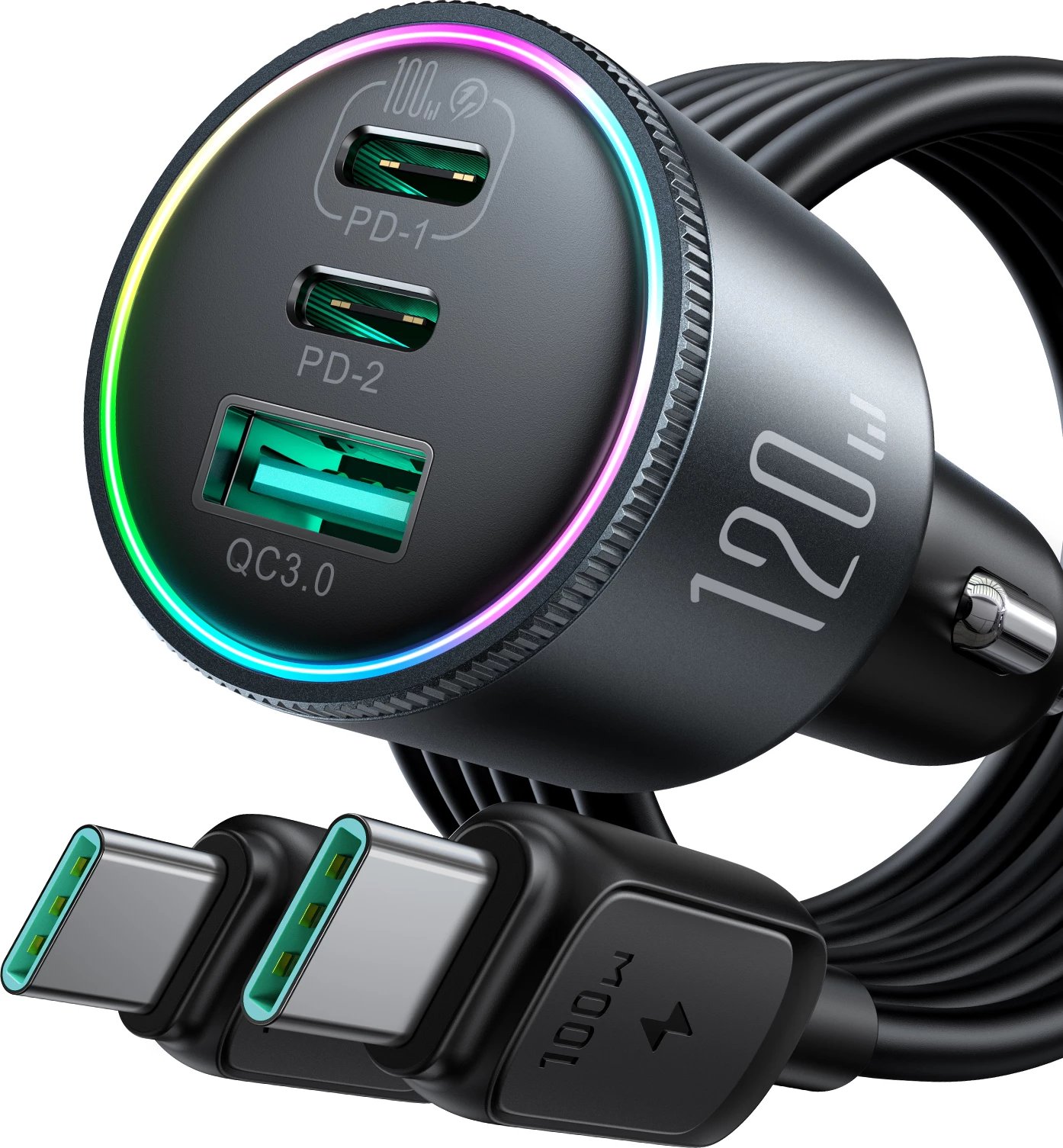 Karikues veture Joyroom JR-CCN07, 120W, 2x USB-C, 1x USB-A, me kabllo USB-C/USB-C 100W, Gri e errët