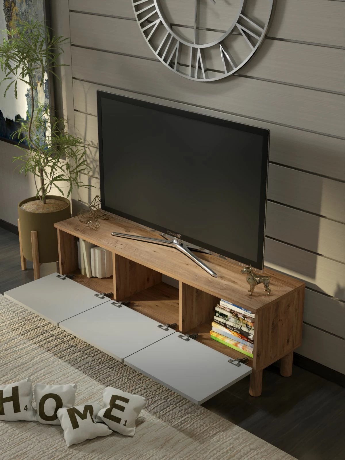 Komodë TV Skye Decor, Bellora 135, ngjyrë pishë Atlantike dhe e bardhë