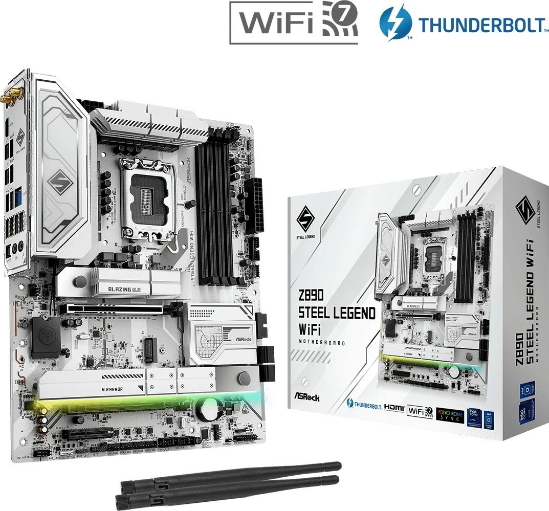 Pllakë amë, ASRock, Z890 Steel Legend WiFi, ATX LGA1851 Intel Z890 DDR5 PCIe 5.0 Wi‑Fi 7 Thunderbolt 4, set me 2 kabllo SATA dhe 2 antena