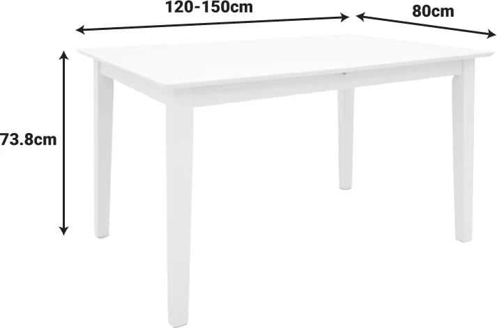 Tavolinë e zgjatshme Mabor, dru kauçuku, ngjyrë e bardhë, 120-150x80x73.8cm